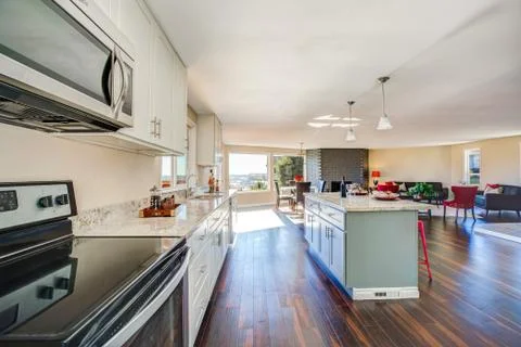 Bright interior of open plan kitchen.  Stock Photos