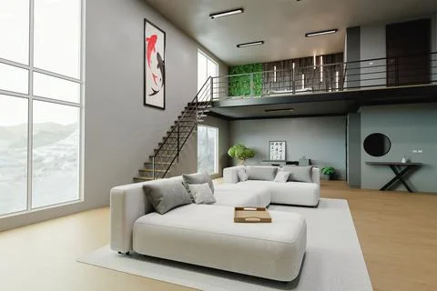 Bright interior space with two floors and modern decoration 3d render Stock Illustration