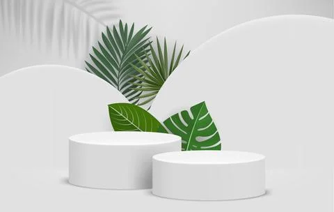 Bright interior with two podiums and green leaves. Eco friendly product sho.. Stock Illustration