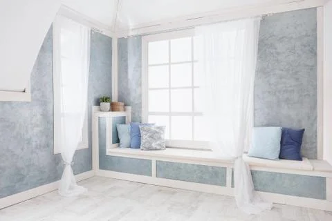 Bright interior, window with curtains Stock Photos