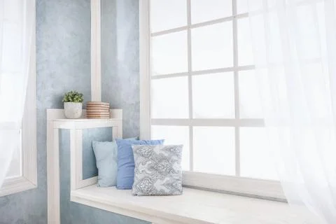 Bright interior, window with curtains Stock Photos