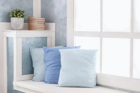 Bright interior, window with curtains Stock Photos