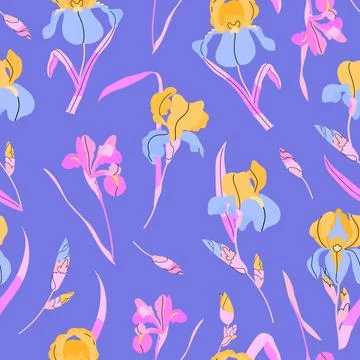 Bright iris flowers seamless pattern on blue background. Vector Stock Illustration