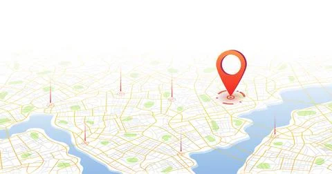 Bright isometric city map with red pointer and park zones. Vector illustration. Stock Illustration