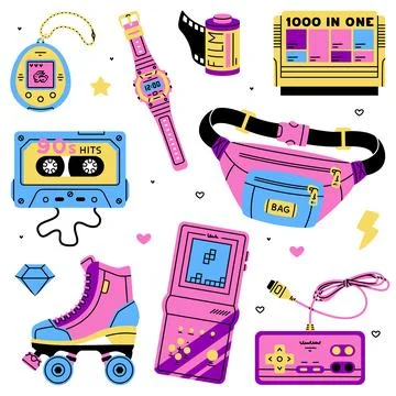 Bright Items from Nineties in Purple Vector Set Illustrazione stock