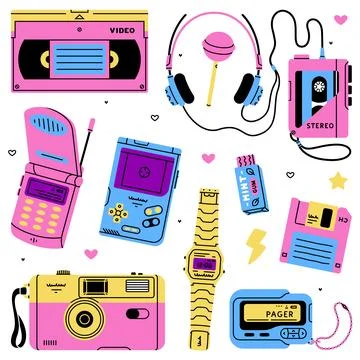 Bright Items from Nineties in Purple Vector Set Illustrazione stock