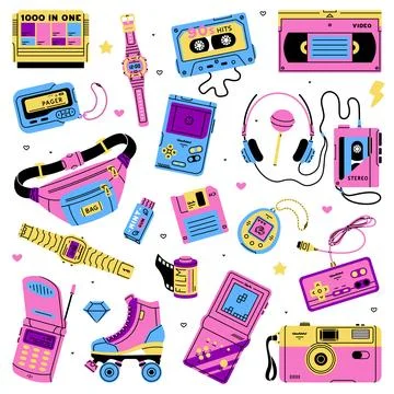 Bright Items from Nineties in Purple Vector Set Stock Illustration