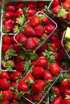 Bright juicy ripe strawberries are sold in containers Stock Photos