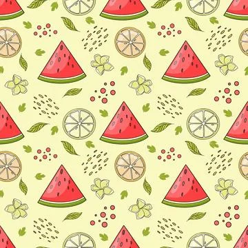 Bright juicy summer pattern with slices of watermelon, orange and lemon Stock Illustration