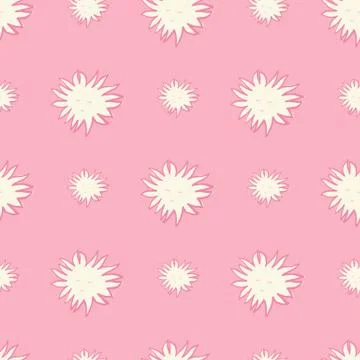 Bright kids seamless pattern with white sun faces ornament. Pink background. Illustrazione stock