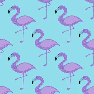 Bright kids style seamless pattern with cartoon purple flamingo silhouettes.  Stock Illustration