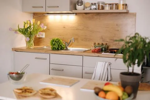 Bright kitchen with different ingredients. Interior of kitchen. No people Stock-Fotos