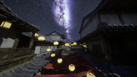 Bright lanterns light way to historic temple under starry sky Stock Footage 336433110