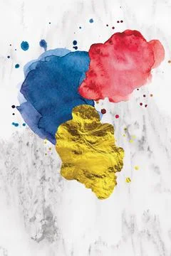 Bright large spots of blue, red and gold paint on a light marble background Stock Illustration