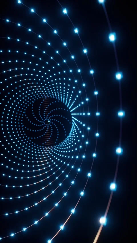 Bright led dots of blue light rotate and travel through a dark tunnel network Stock Footage 344312684