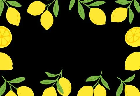Bright lemons frame on black background. Citrus border design with yellow fruits Stock Illustration