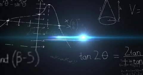 Bright lens flare piercing digital space, with sin²?,tan2? equations, Cartesian Stock Illustration