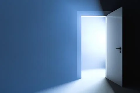 Bright light behind the slightly ajar door. Abstract background. Foto stock