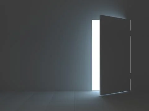 A bright light enters to the slightly open door. 3D rendering. Stock Illustration