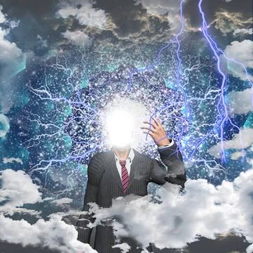 Bright light face Surreal composition. Bright light and lightnings instead... Stock Photos