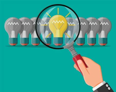 Bright light idea bulb under magnifying glass. Stock Illustration