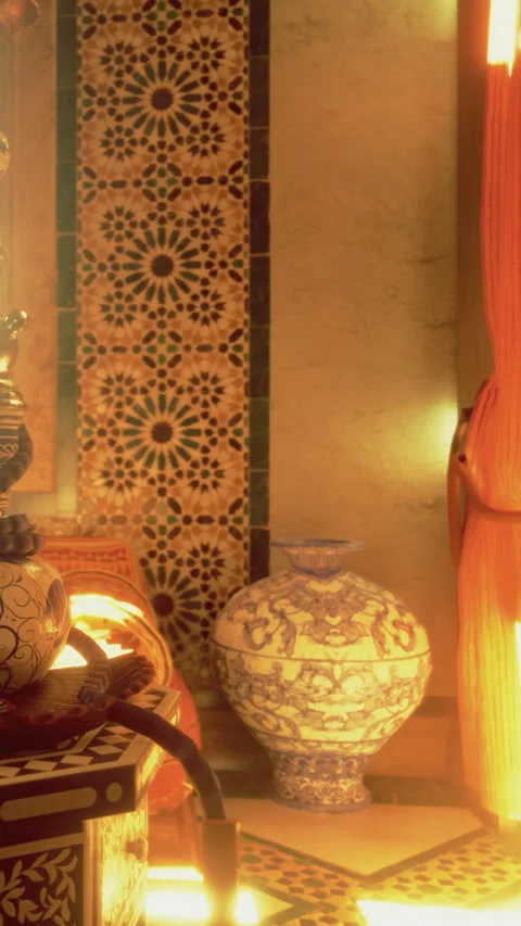 Bright light illuminates decor in patterned room with pottery and designs Stock Footage 331768191