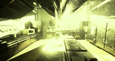 Bright light illuminating an industrial kitchen in disarray Stock Footage 321302910