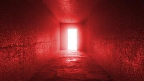 Bright light illuminating open door at end of red corridor Stockillustratie