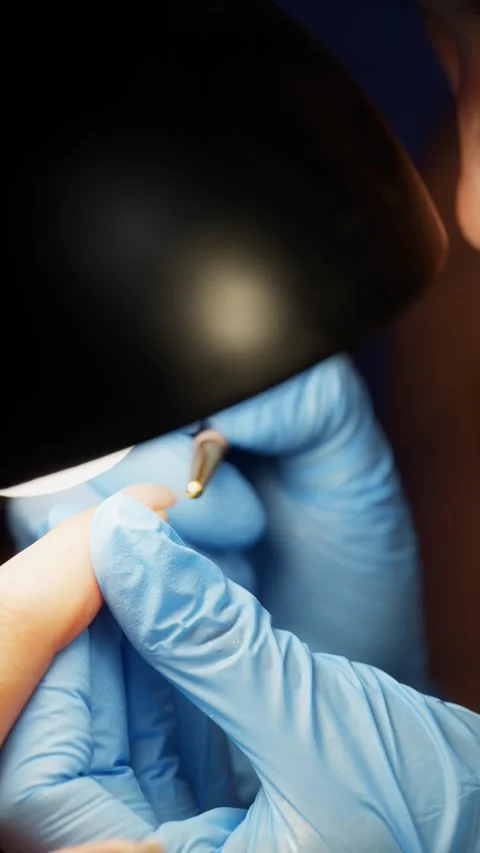 In bright light the master carefully removes the old coating from the nail plate Video stock 343529481