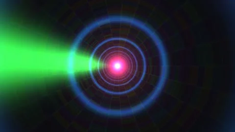 Bright light moving through circular patterns in dark space Stock Footage 338323302