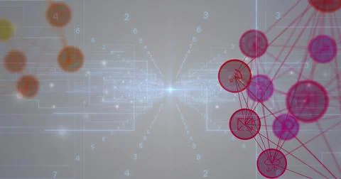 Bright light node radiating numeric lines in data space with wireframe orange Stock Photos