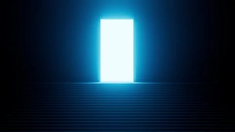 Bright light opening door at the top of stairs Stockbeeldmateriaal 310790766