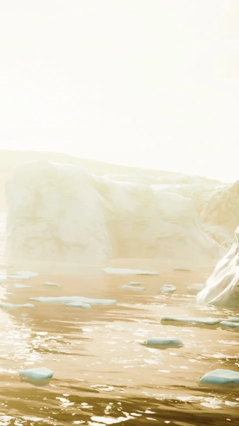 Bright light shines on ice formations near the water in a remote location Stock Footage 338413710