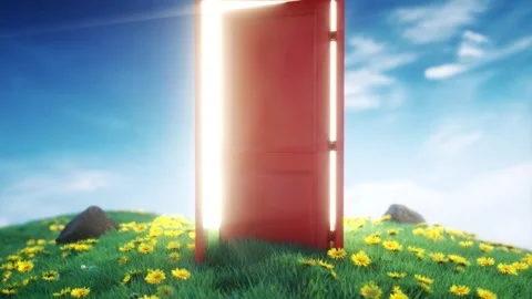 Bright Light Shines Through Open Red Door on Grassy Hill with Yellow Flowers  Stock Footage 300913256