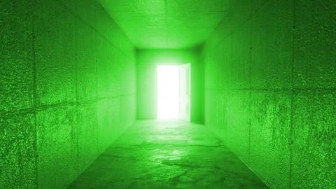 Bright light shining from open door at end of green corridor Stock Illustration
