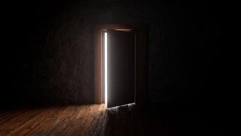Bright light shining through open door in dark room Stock Illustration