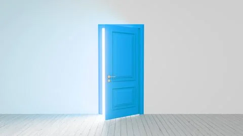 Bright light shining through open blue door onto wooden floor Ilustración de archivo