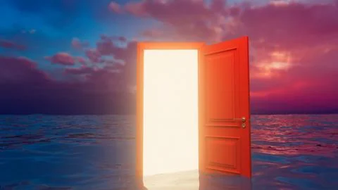 Bright light shining through open door over water at sunset Ilustração Stock