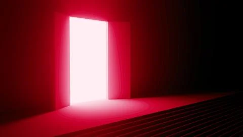 Bright light shining through open door in red room Ilustración de archivo