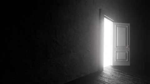 Bright light shining through open door in dark room Illustrazione stock