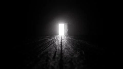 Bright light shining through open door in dark room Stock Illustration