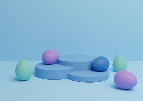 Bright, light sky blue 3D rendering of Easter themed product display podium o Stockillustratie