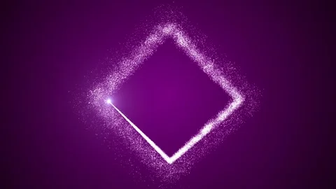 Bright light source draws a square frame of particles on a gradient violet Stock Footage 257182543