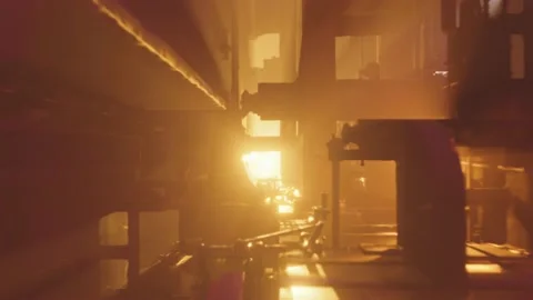 Bright light source inside mysterious machinery. Nuclear reactor, metal forge or Video stock 139402522