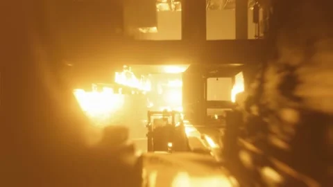 Bright light source inside mysterious machinery. Nuclear reactor, metal forge or Stock Footage 139402807