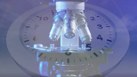 Bright light switching on, microscope clock overlay rotating lenses, bead Stock Footage 334693863