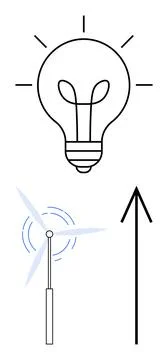 Bright lightbulb emitting rays, sleek wind turbine with rotating blades, upwa Stock Illustration