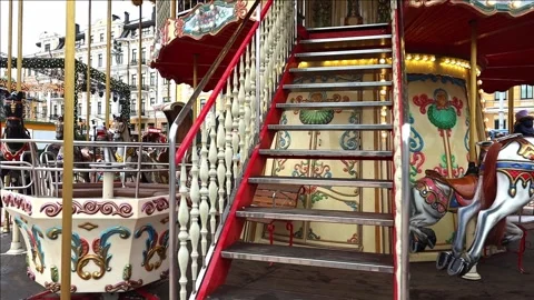 Bright lighted amusement park carousel horse with lights Stock Footage 167229622