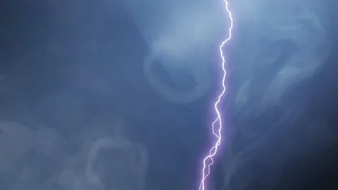 Bright lightning bolt striking in dark sky. Powerful electric discharge during Video stock 340381849