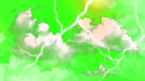 Bright lightning bolt striking through fluffy clouds on a green screen Stock Footage 343909355